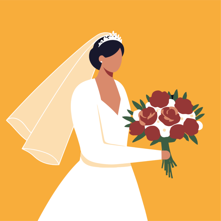Bride in a white dress with a veil flowing behind her. She is holding a bouquet of red flowers