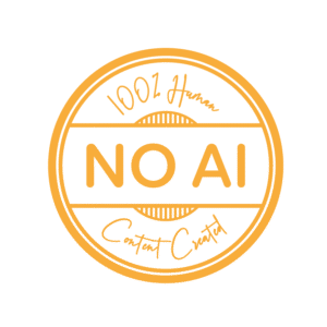 The text is "NO AI 100% human" It is done in the style of a label like "100% organic." It is in an orangey yellow colour similar to the rest of the branding for All Write On The Night