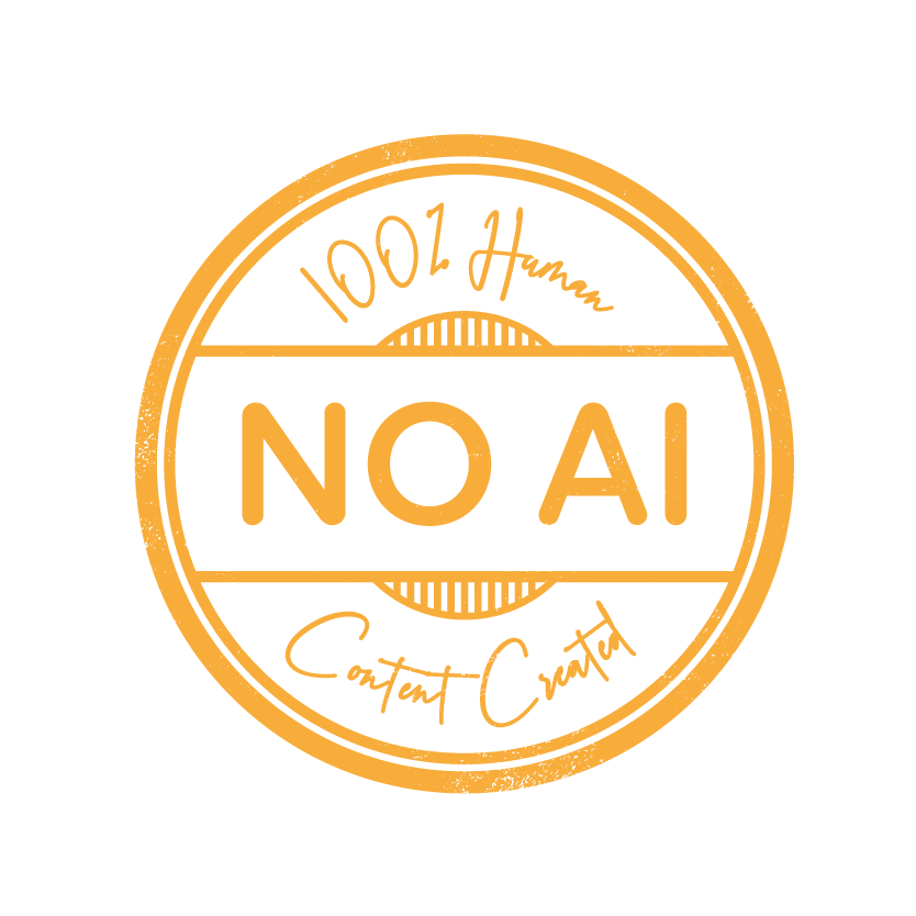 The text is "NO AI 100% human" It is done in the style of a label like "100% organic." It is in an orangey yellow colour similar to the rest of the branding for All Write On The Night